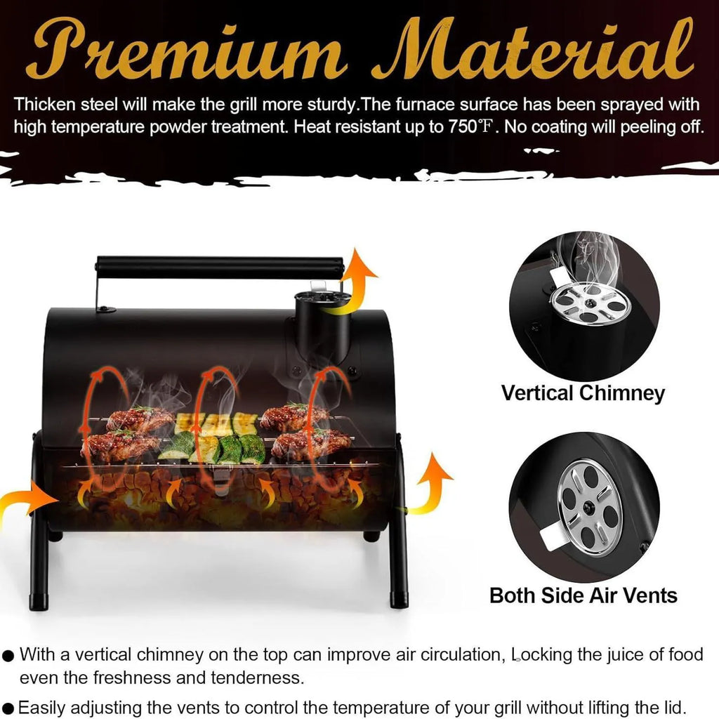 Small folding desktop barbecue smoking device with charcoal stove and grill.