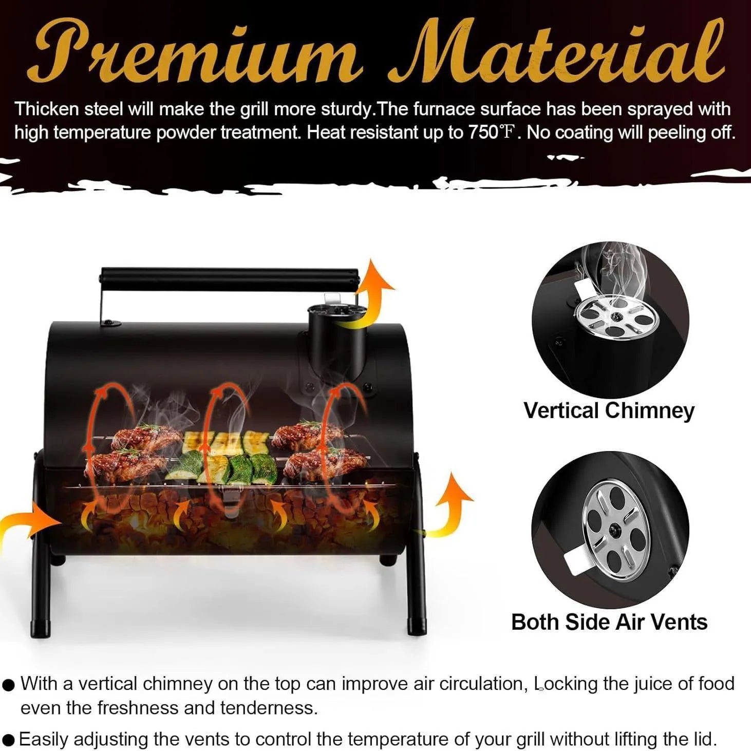 Small folding desktop barbecue smoking device with charcoal stove and grill.
