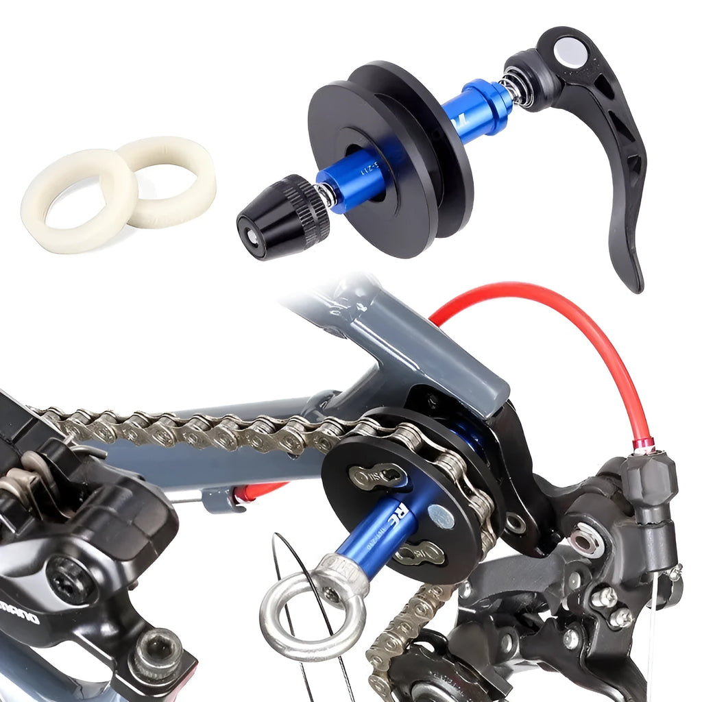 Aluminium alloy bicycle chain holder tool for maintenance, shown in barrel shaft, basic, and quick release versions.