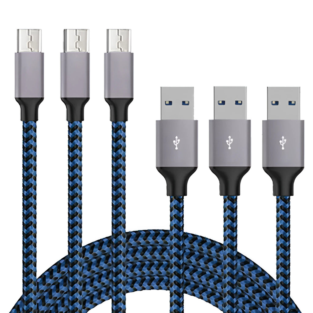 Braided Micro USB fast charging data cable for Android phones in black with coloured trim.