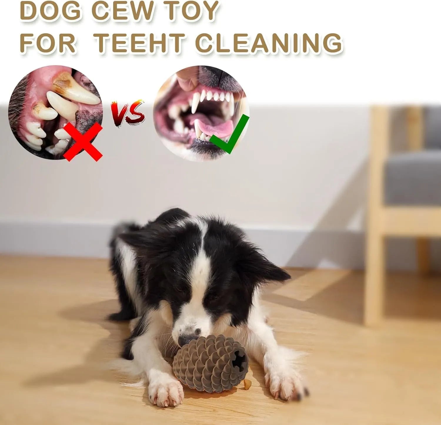 Yellow natural rubber pine cone dog chew toy with treat dispenser hole on a white background.