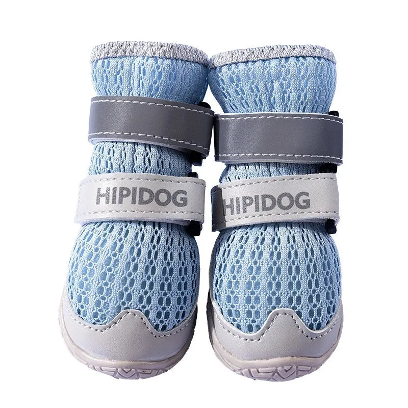 Cartoon-style blue and green PU dog shoes for summer, showing breathable anti-scald design