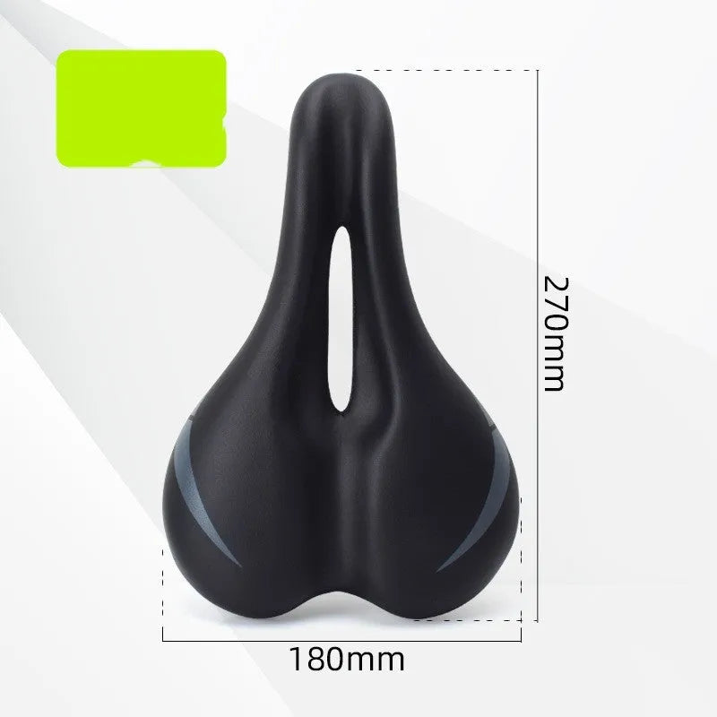 Bike saddle cushion with hollow centre design showing dimensions and double rail mounting system