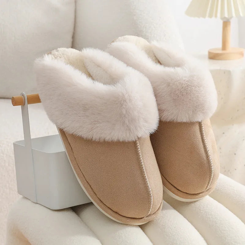 Women's indoor plush slippers in round-toe design with cotton upper and PVC anti-slip soles