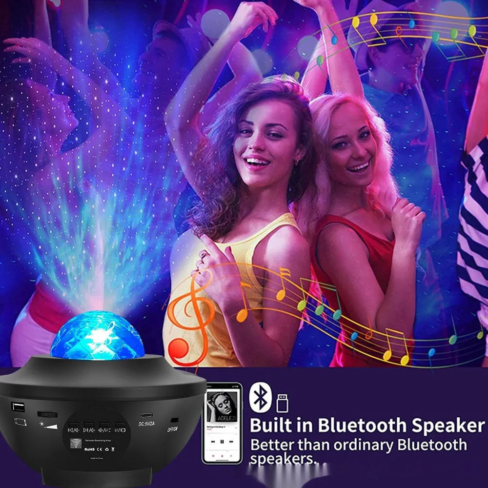Black-parallel starry sky projection lamp with rotating water ripple laser effects and Bluetooth connectivity