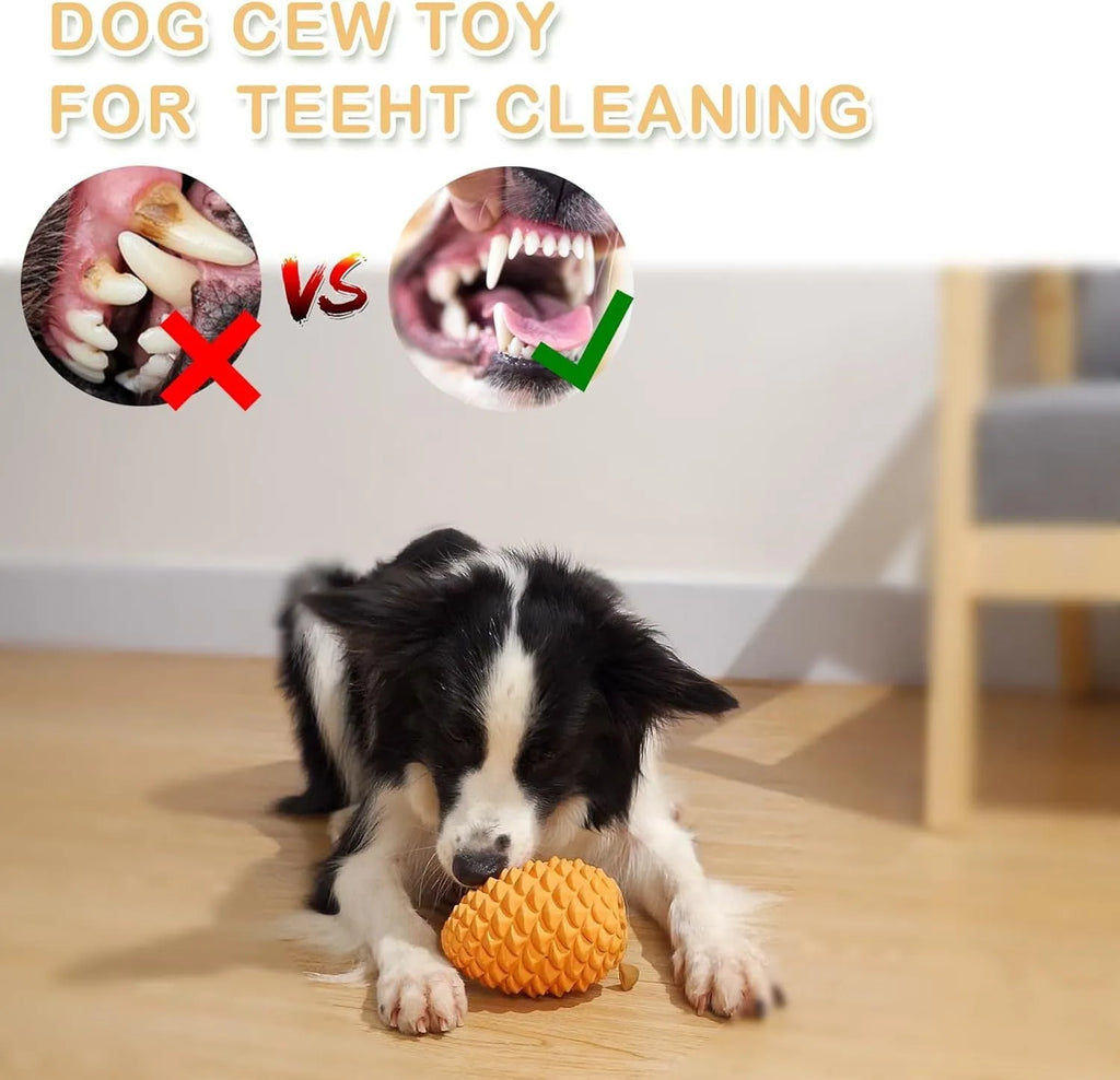 Yellow natural rubber pine cone dog chew toy with treat dispenser hole on a white background.