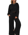 Women's solid colour long sleeve top and trousers two-piece set in polyester fabric