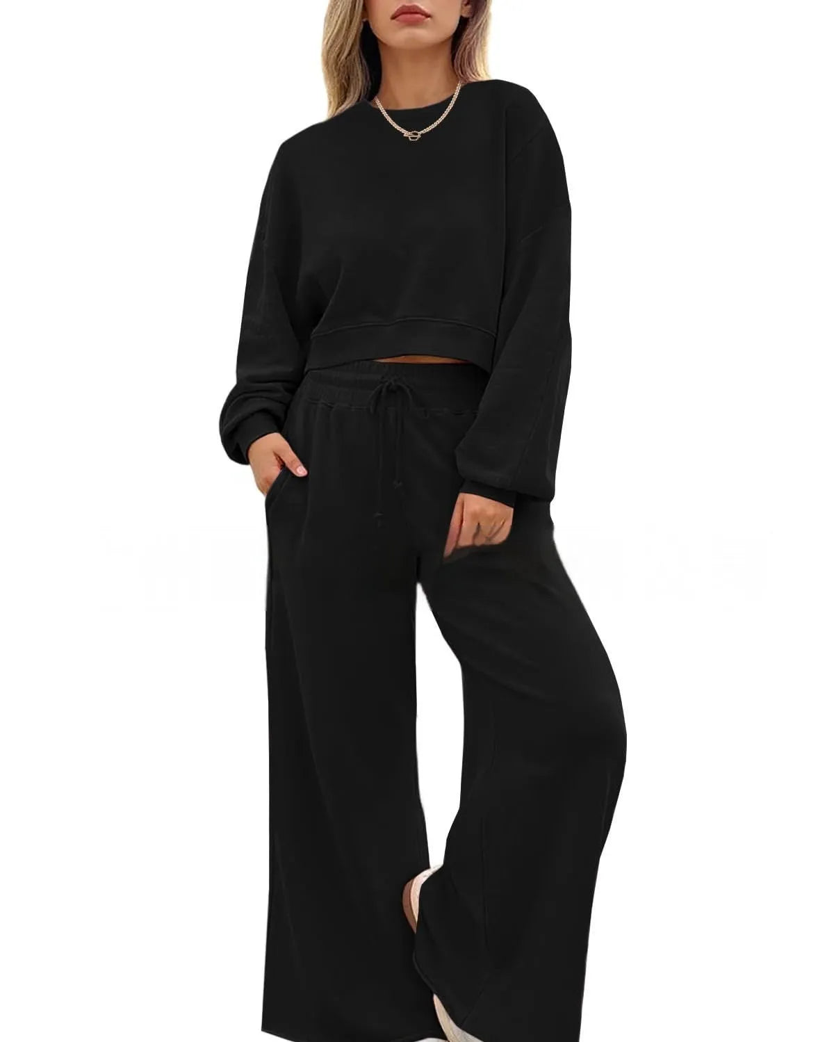Women's solid colour long sleeve top and trousers two-piece set in polyester fabric