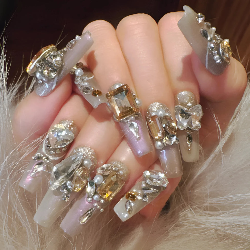 Luxury rhinestone false nail set with phototherapy sealing in card packaging