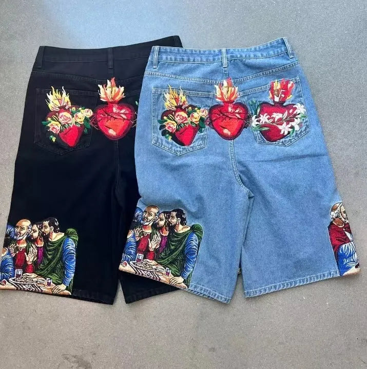 Blue men's cotton tapered shorts featuring a Jesus print on the back pocket.