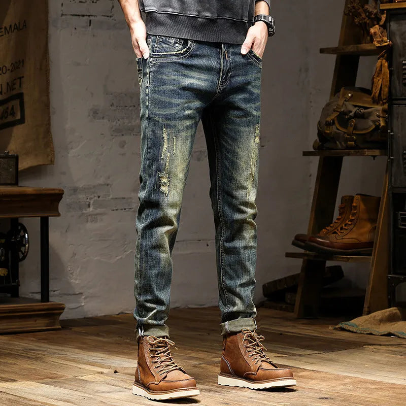 Men's retro colour skinny jeans with a zip fly, shown laid flat
