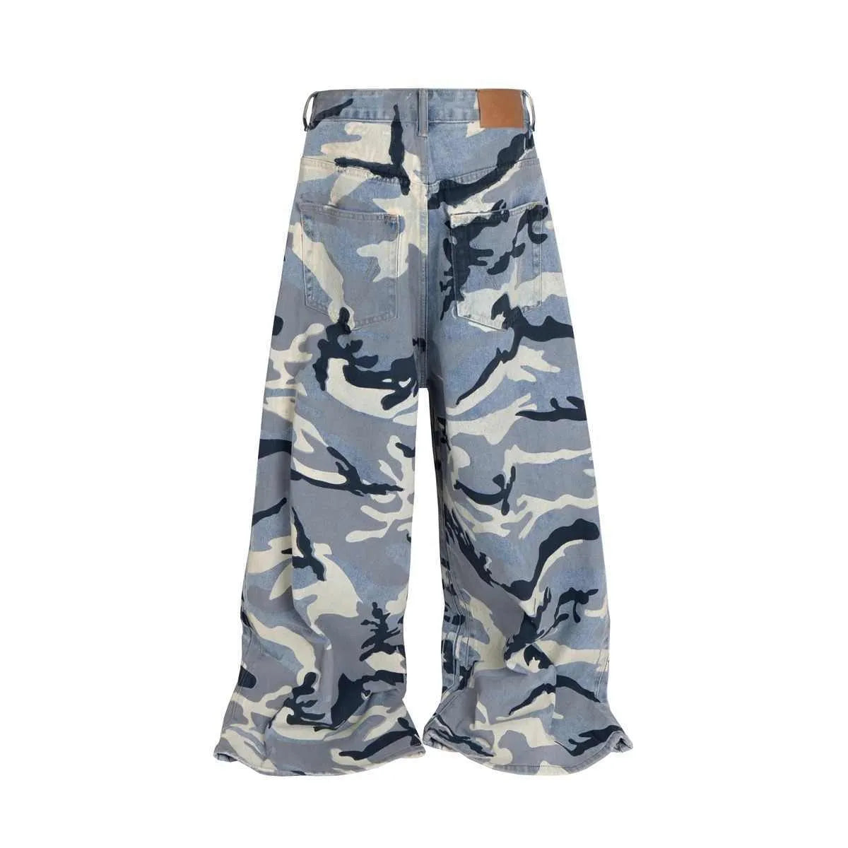 Snow camouflage blue loose fit jeans with cotton elastic denim construction and mid-waist design