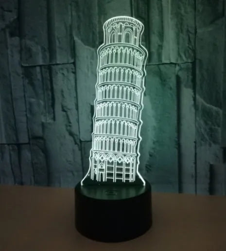 Leaning Tower of Pisa 3D acrylic LED nightlight on a black base with remote control.