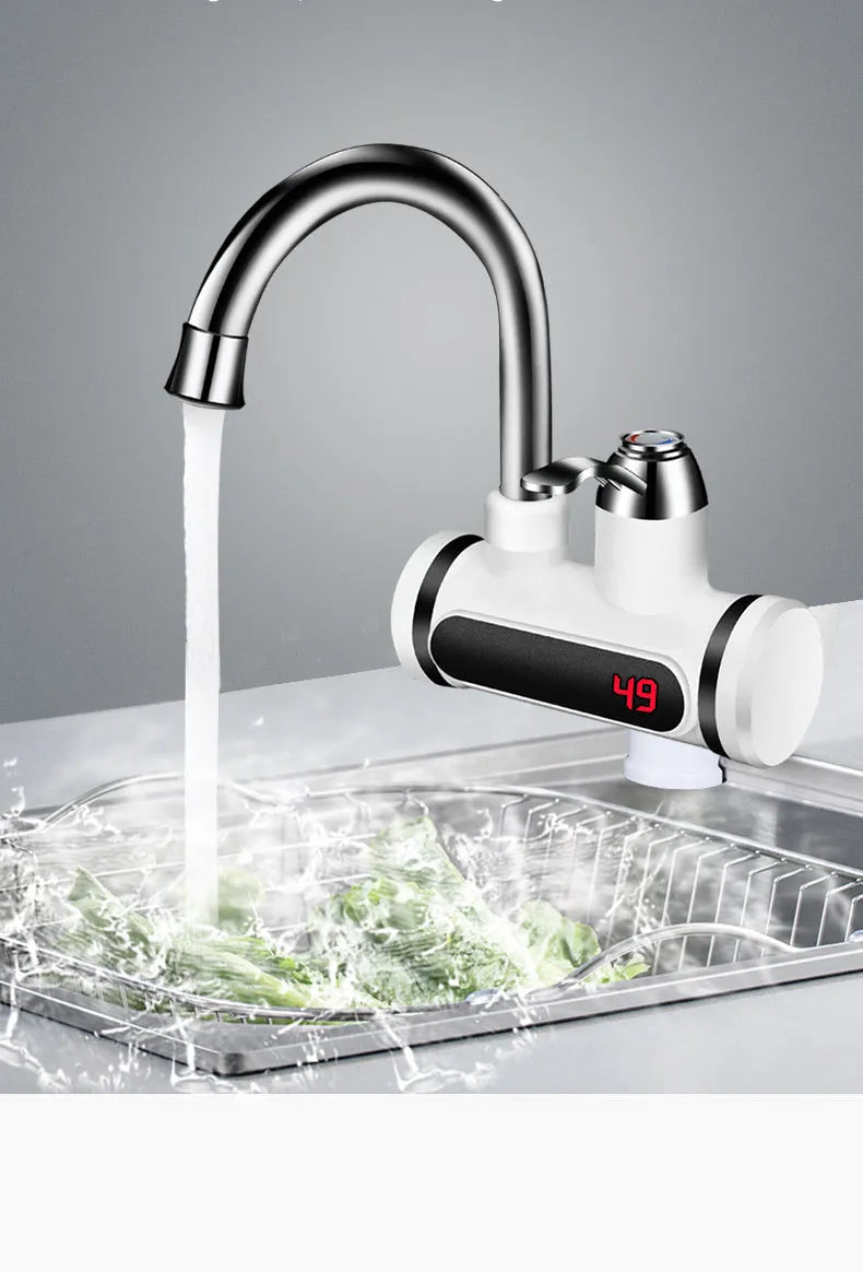 White electric water heater tap with digital temperature display for kitchen sink installation
