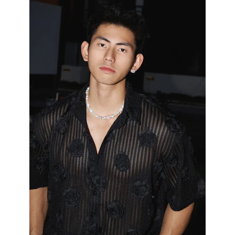 Heavy industry floral pattern short sleeve shirt with wool lining in milky white colour