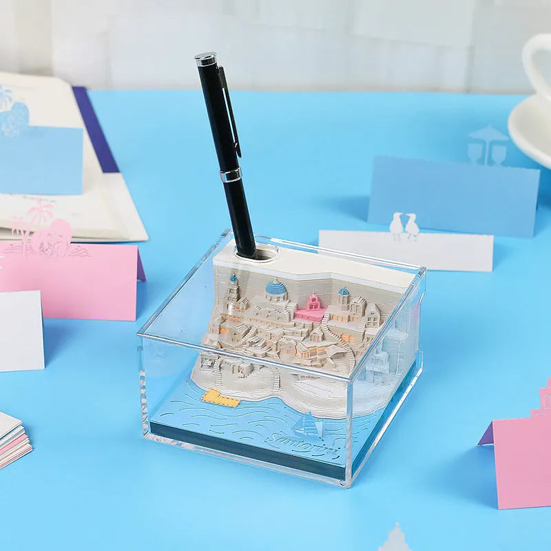 Romantic Santorini 3D notepad paper carving building model with lighting on desk