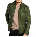 A brown men's punk-style artificial leather motorcycle jacket with a stand collar and patch pockets.