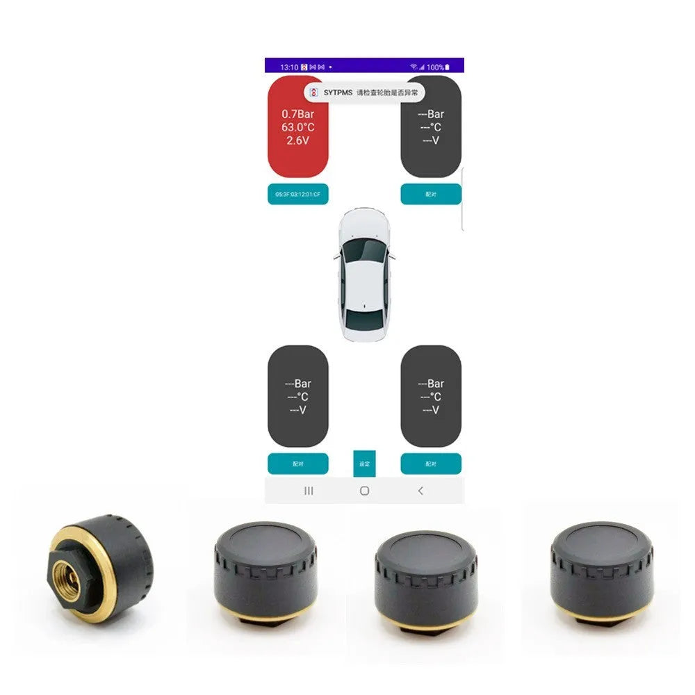 Four black Bluetooth tyre pressure sensors for mobile phone monitoring display