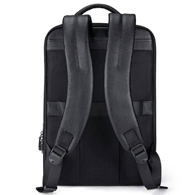 Black genuine leather men's business laptop backpack with curved shoulder straps and visible sewing details