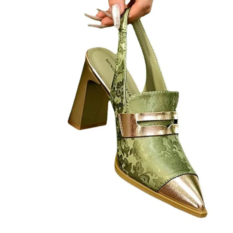Korean style women's high-heel sandals with chunky heel, pointed toe, and an elasticated high-cut ankle strap.