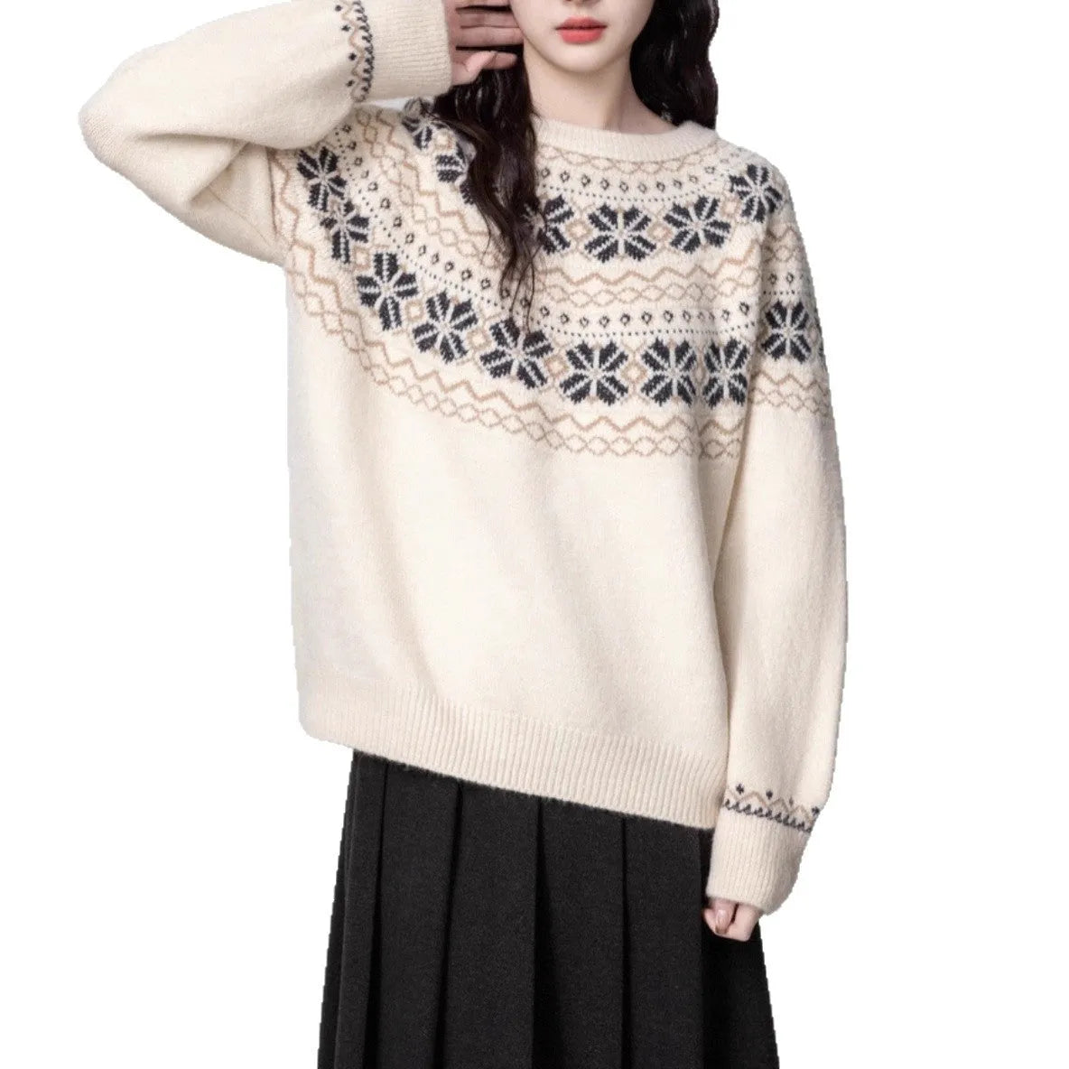 Women's milky white Fair Isle patterned knitted pullover sweater with a crew neck and long sleeves.