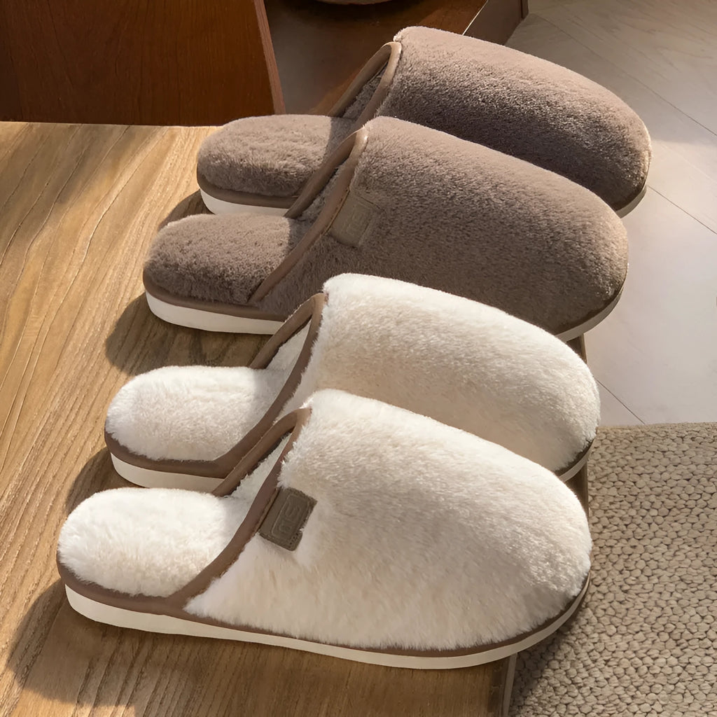 PVC plush winter slippers in a solid colour with a non-slip sole for indoor wear.