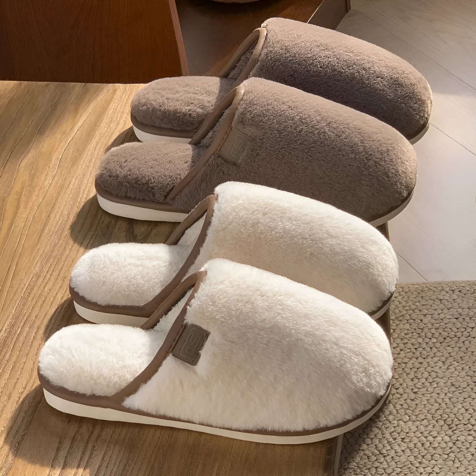 PVC plush winter slippers in a solid colour with a non-slip sole for indoor wear.