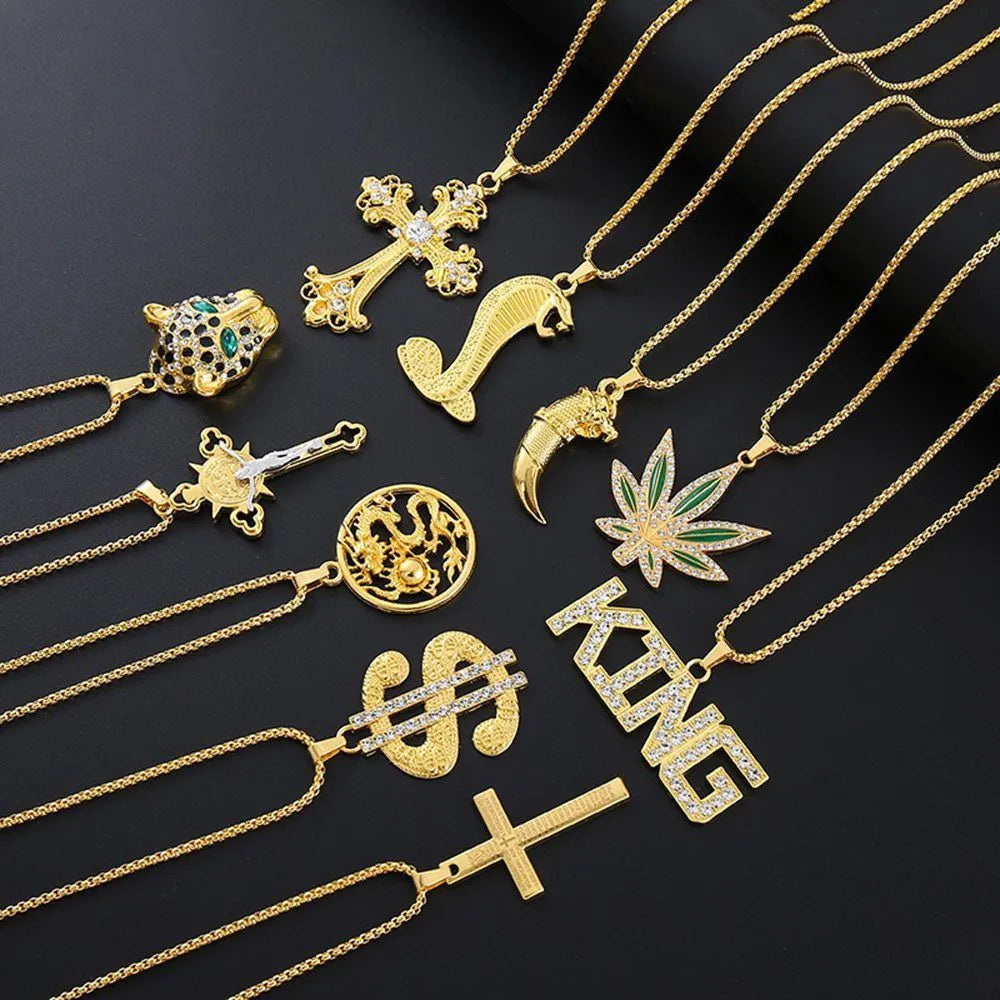 Geometric gold-tone women's necklace with inlaid zircon stones on a model.