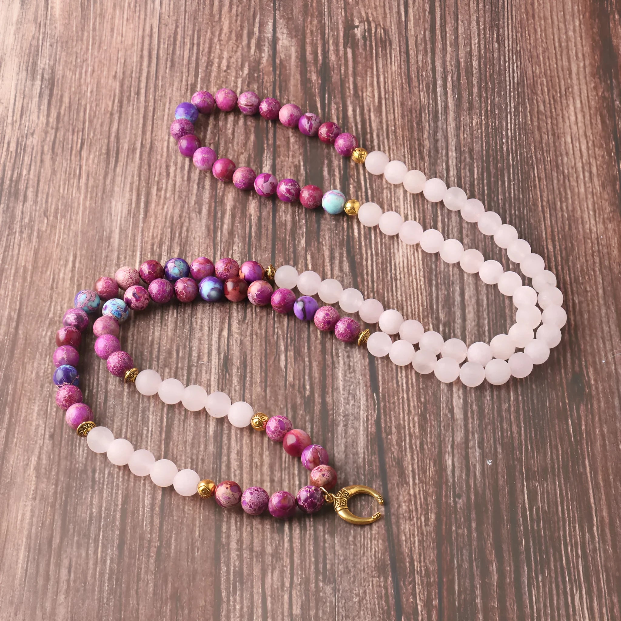 Emperor Stone necklace with pink crystal round beads pendant on chain
