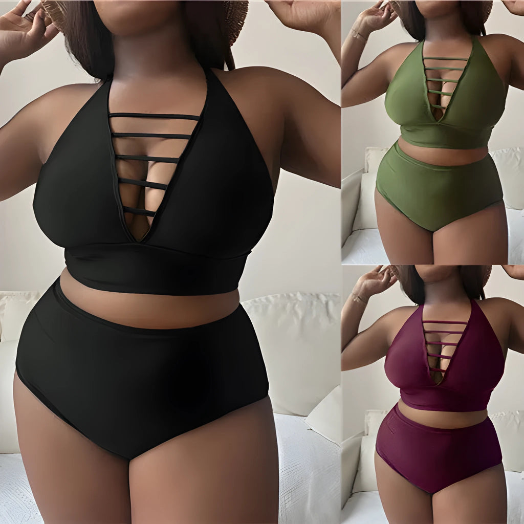 Plus size black halter bikini with adjustable cross straps and high waist briefs on mannequin