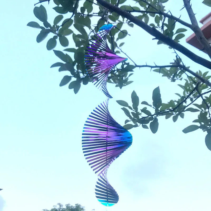 Rotating metal wind runner garden pendant in spiral shape, silver and colourful options