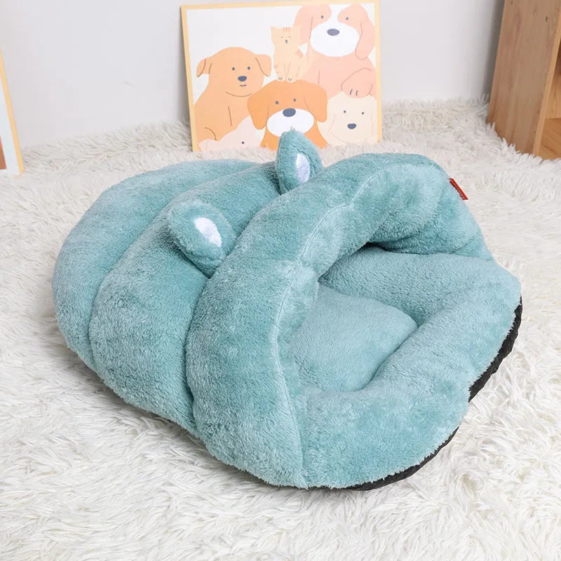 Soft plush pet cave bed in beige with cushion for small dogs and kittens
