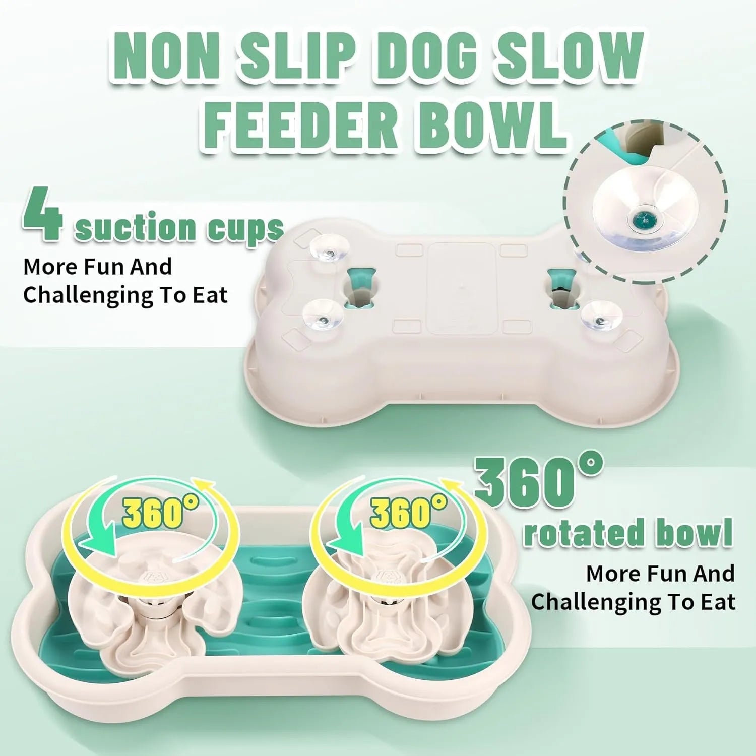 Large green slow feeder dog bowl with three rotating trays and non-slip suction cups