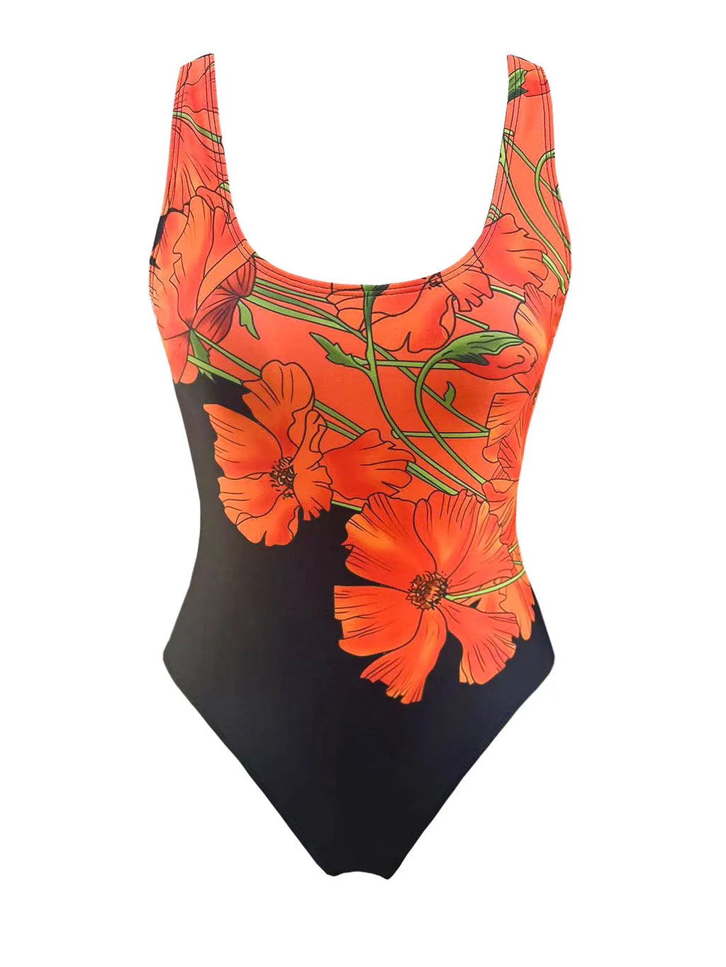 Orange floral print backless one-piece swimsuit laid flat, showing slim fit design.
