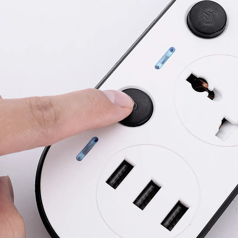 Multi-switch USB power strip compatible with international plugs on a desk.