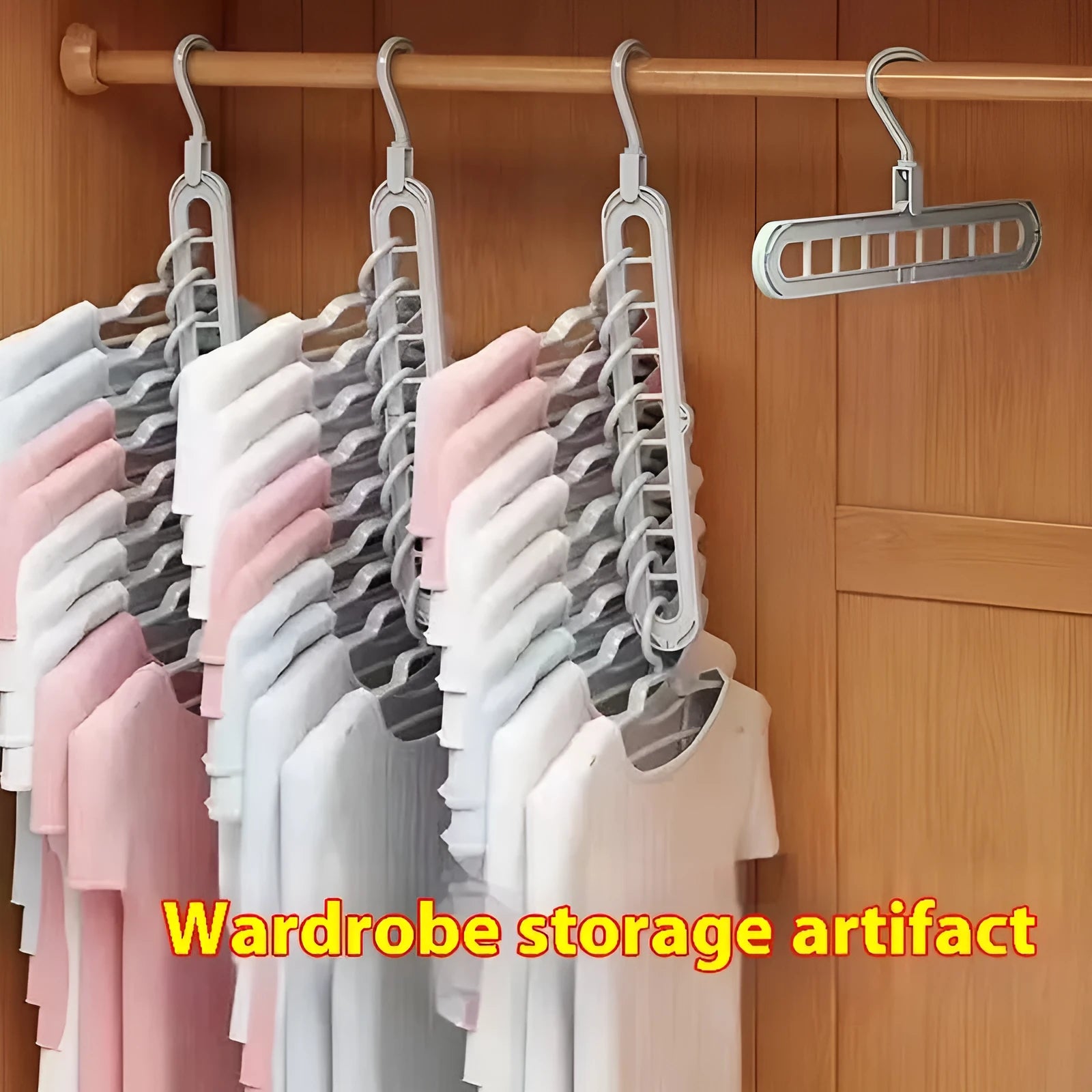 Green plastic hanger with nine holes for hanging multiple trousers or skirts vertically