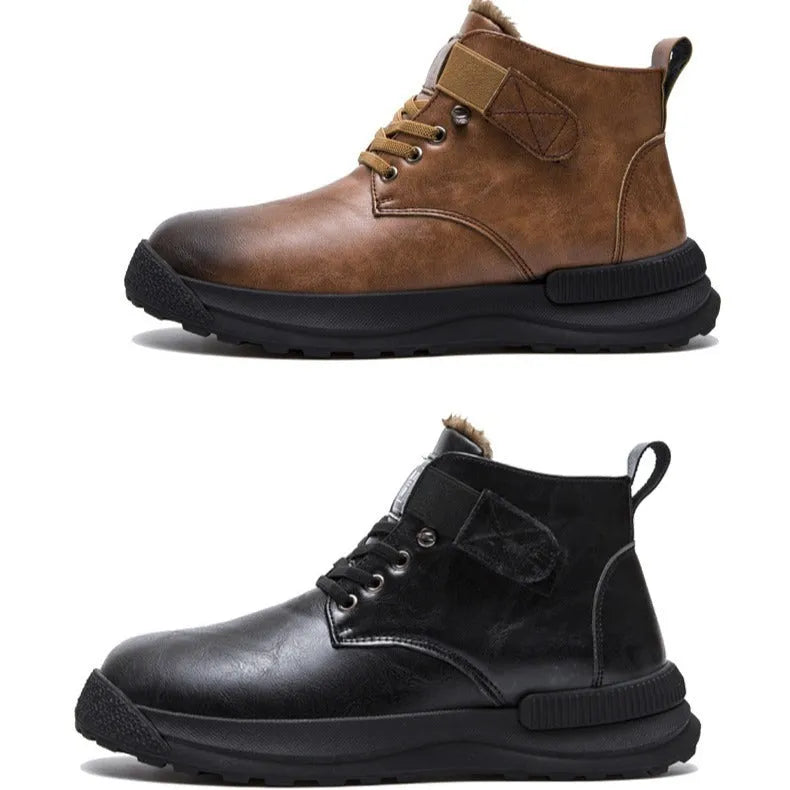 Men's black high-top platform Martin boots with artificial PU upper and rubber sole.