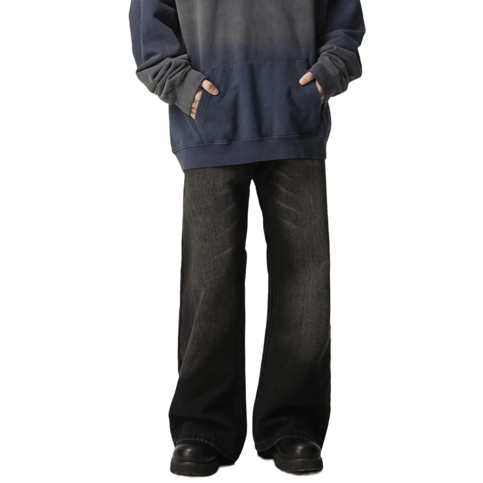 Black retro straight leg jeans with loose fit and zipper fly on hanger