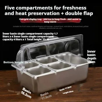 Stainless steel commercial display box with multiple grid compartments and cover