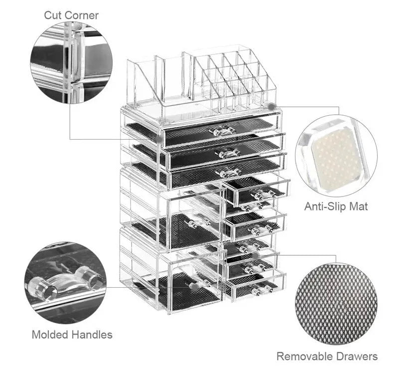 Acrylic three-layer cosmetics storage box in Nordic style, transparent finish on a vanity table