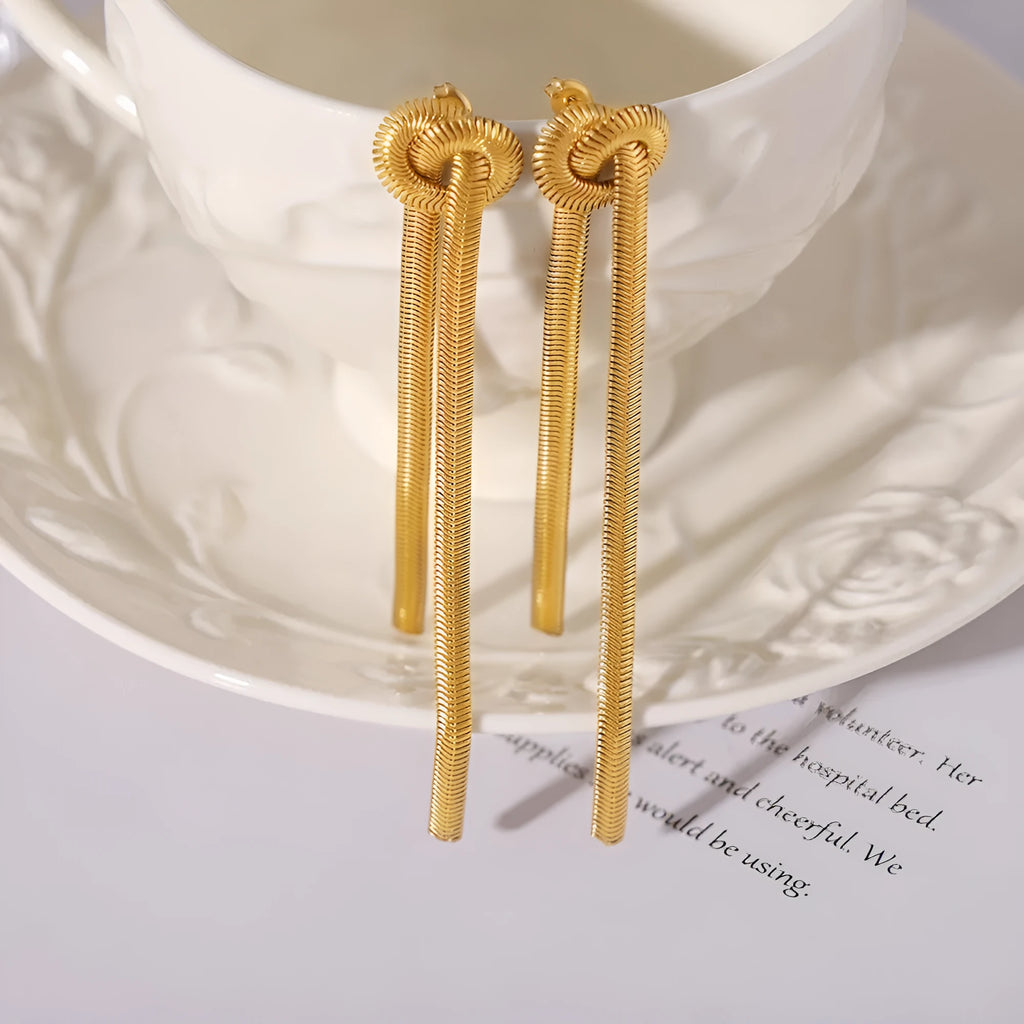 Gold knotted tassel snake chain necklace and matching earrings set