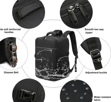 Water repellent Derm outdoor travel computer backpack in black with airpillow straps, 36-55L capacity