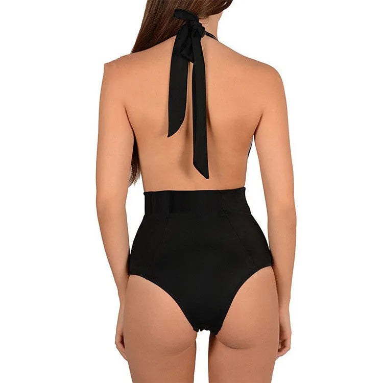 Embroidered halter neck bikini set in wine red showing siamese bottom and shoulder straps
