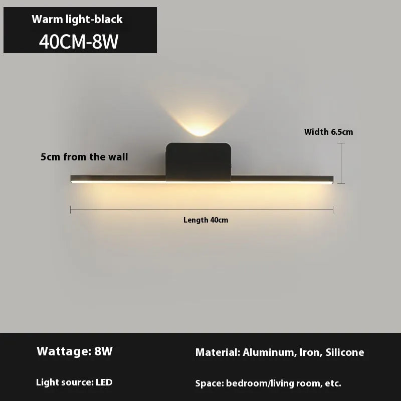Modern black LED mirror headlight bedside lamp on bedside table, 40cm or 55cm height option