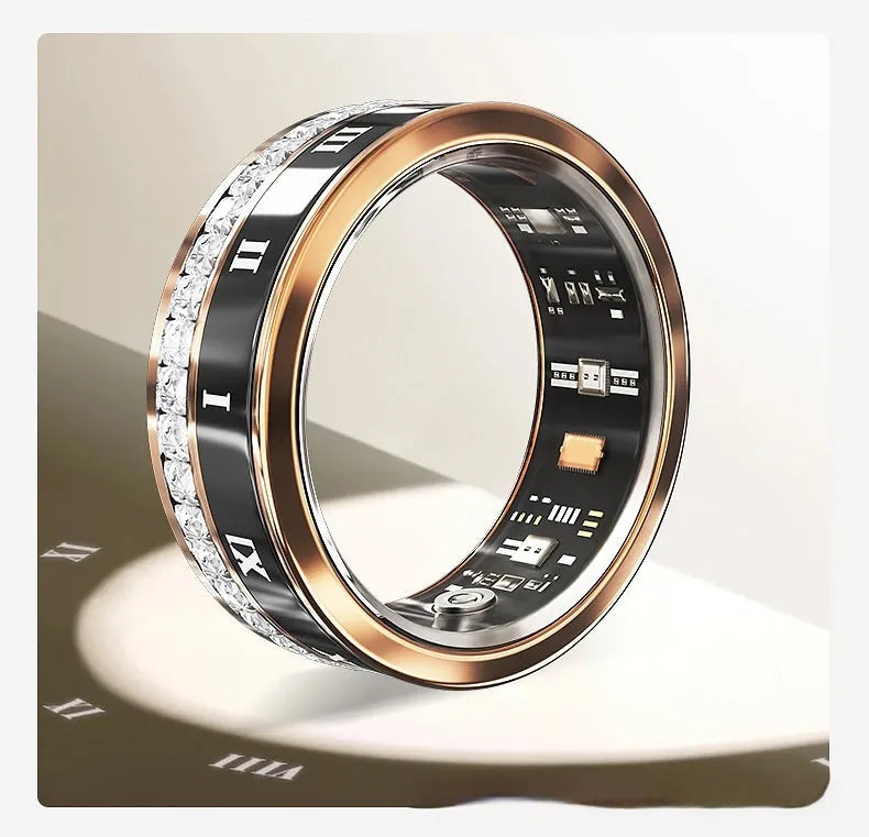 Silver and gold smart ring with health tracking features including blood oxygen monitoring