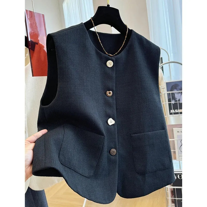 Women's French style round neck sleeveless vest in polyester fabric