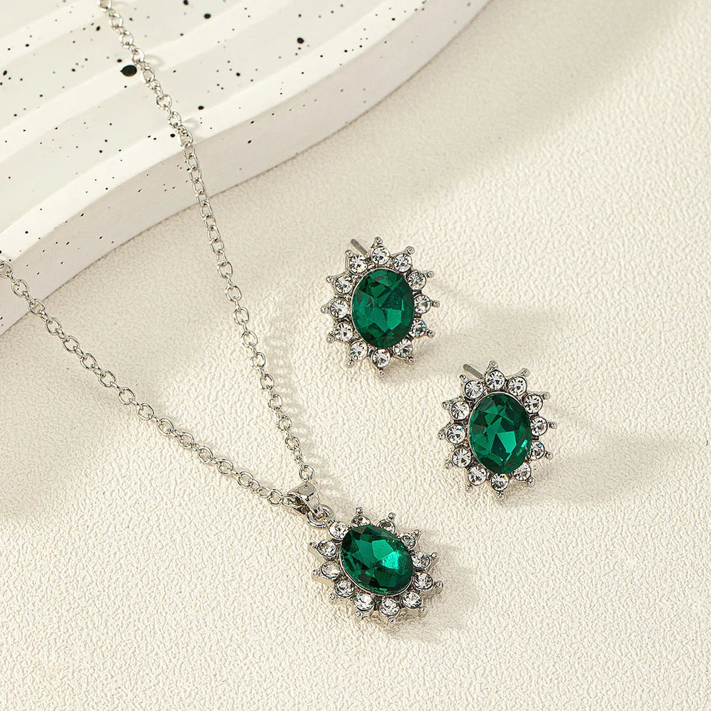 Sunflower zircon necklace and earring set in alloy with simple style and ellipse elements