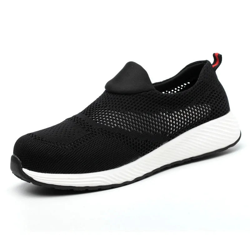 Men's lightweight steel toe work shoes with mesh upper in black, blue, and red colour options