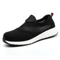 Men's lightweight steel toe work shoes with mesh upper in black, blue, and red colour options