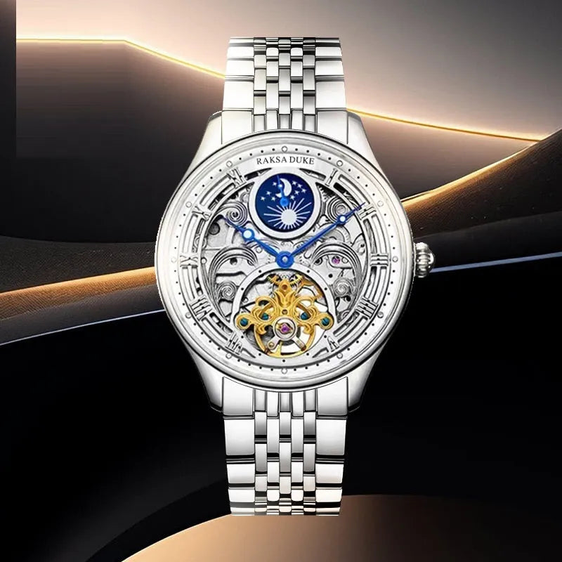 Men's business waterproof watch with a steel strap in rose gold or white steel finish, showing the Duke Rosa dial.